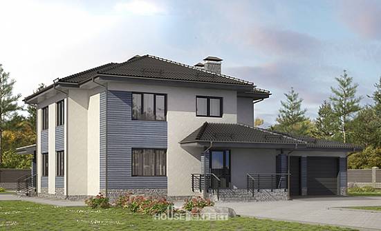 340-005-П Проект двухэтажного дома и гаражом, большой коттедж из пеноблока Мирный | Проекты домов от House Expert