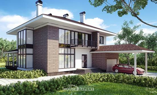 340-001-П Проект двухэтажного дома и гаражом, современный коттедж из кирпича Архангельск | Проекты домов от House Expert