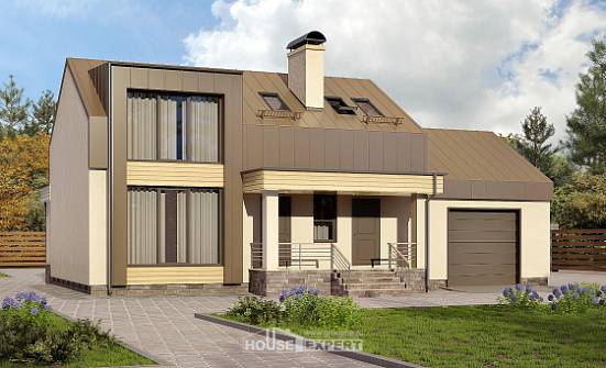 150-015-Л Проект двухэтажного дома мансардой и гаражом, красивый загородный дом из газобетона Няндома | Проекты домов от House Expert