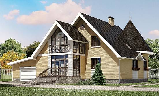 250-001-Л Проект двухэтажного дома мансардой и гаражом, средний коттедж из арболита Новодвинск | Проекты домов от House Expert